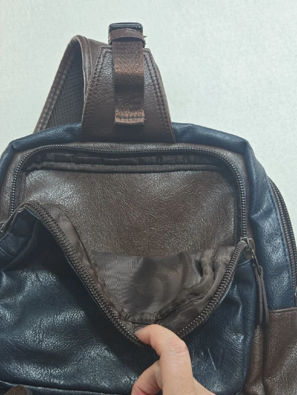 Men's Two-Tone Navy and Brown Sling Backpack